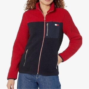 Tommy Hilfiger Jacket Womens Large Red Navy Sherpa Fleece Colorblock Zip Pockets